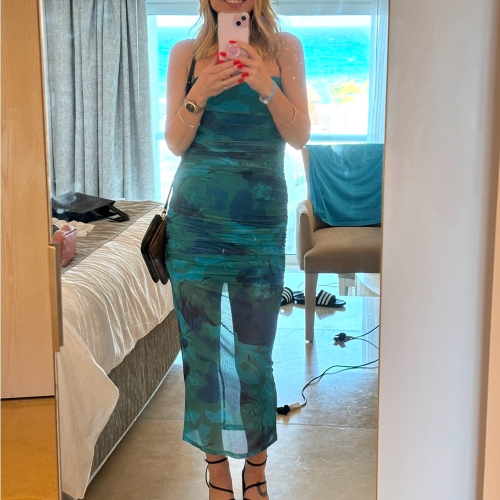 Sheer Teal & Navy Bodycon Midi Dress